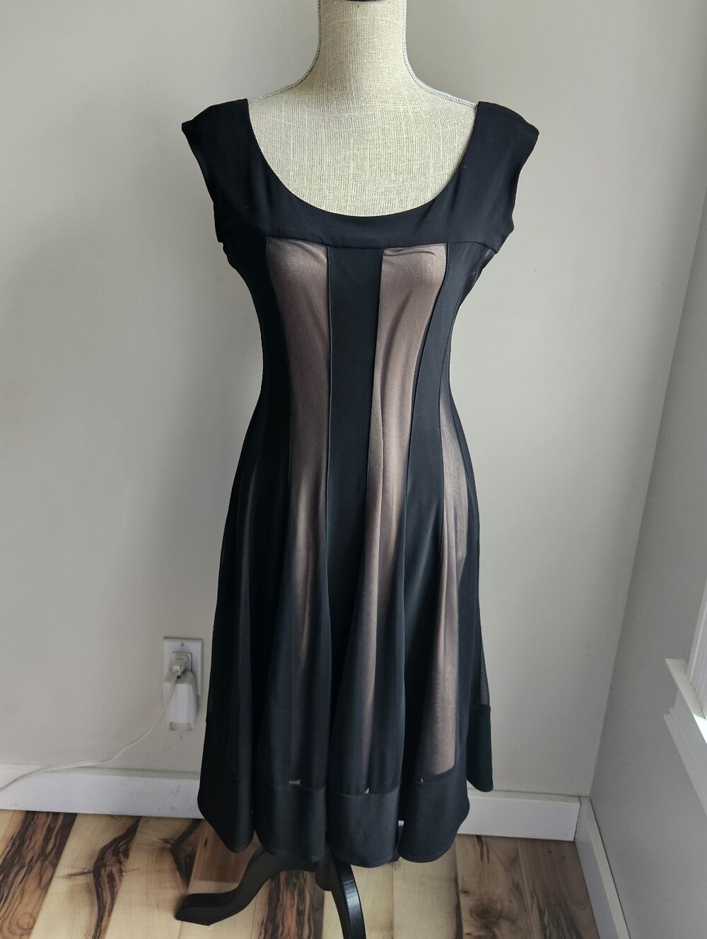 Joseph Ribkoff Black and Taupe Paneled Fit-and-Flare Midi Dress - Picture 2 of 6